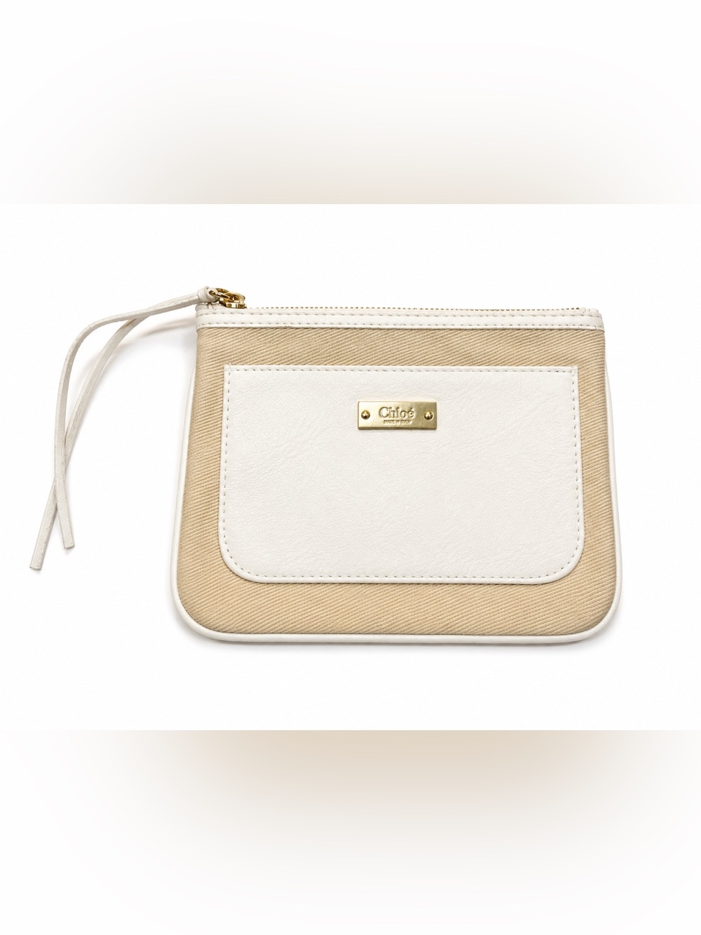 Chloe White and Beige Canvas Leather-Trim Wristlet